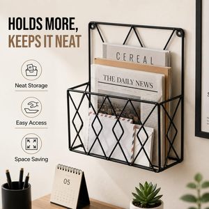 Black Metal <b>Wall</b> Mounted Newspaper Magazine Holder Iron <b>Wire</b> <b>Storage</b> Basket <b>Rack</b> for Home Office Living Room - Product Image 6
