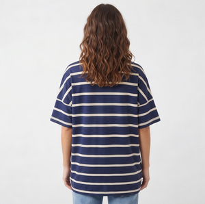 Oversized Striped V-Neck <b>T</b>-<b>Shirt</b> Women Short Sleeve Cotton Jersey Letter Print <b>Long</b> <b>Length</b> Streetwear Style Summer Tee Ladies - Product Image 2