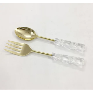 Ensemble de cuillères à salade plaquées or PVD avec manche en acrylique, ensemble de cuillères à salade en acier inoxydable poli brillant de haute qualité, ustensiles de cuisine - Product Image 1