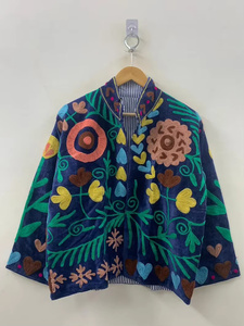 Hand Embroidered Cotton Filled Suzani Velvet <b>Bomber</b> <b>Jacket</b> Reversible <b>Vintage</b> Boho Short Coat Colorful Ethnic Spring/Summer - Product Image 1