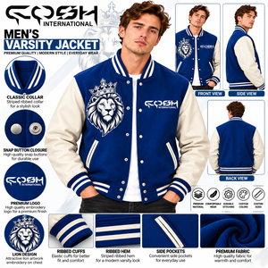 Veste universitaire bleue et blanche pour homme avec broderie de lion, fermeture à boutons pression, manches blanches, broderie de lion, style baseball - Product Image 6