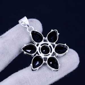 Black Onyx Flower Pendant 925 Sterling Silver Bohemian Jewelry Handmade Necklace For Women Wholesale - Product Image 5