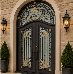 Puerta de Entrada Doble de Hierro Forjado Arqueada de Lujo con Detalles en Dorado y Vidrio Esmerilado, Diseño de Seguridad para Villa - Product Image 2