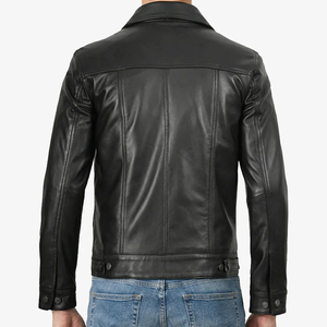 Veste de luxe pour homme en cuir véritable, coupe ajustée, en peau de mouton véritable, noire, style camionneur, boutonnée, vintage, décontractée, manteau d'extérieur, vente en gros - Product Image 2