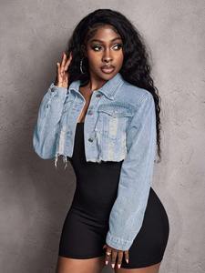 Women's Casual Fashionable Street Ripped Frayed Hem Cropped <b>Denim</b> <b>Jacket</b>, Suitable For Daily use - Product Image 5