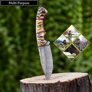 Cuchillo de Camping de Acero de Damasco, Hoja Fija de Espiga Completa, Cuchillo de Caza con Mango de Hueso, Fabricante Profesional de Cuchillos para Exteriores - Product Image 4