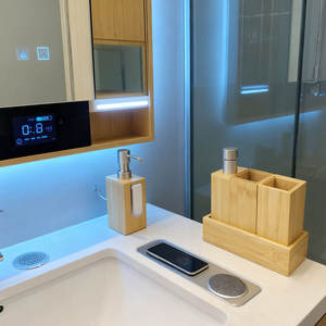 Ensemble d'accessoires de salle de bain en bambou de luxe, organiseur de vanité moderne avec distributeur de savon, porte-brosse à dents et rangement pour la maison - Product Image 2