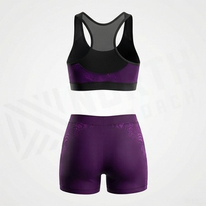Women's Seamless <b>Purple</b> Yoga Set Racerback Sports Bra <b>Mesh</b> High Waist Shorts Gym Activewear 2 Piece - Product Image 2