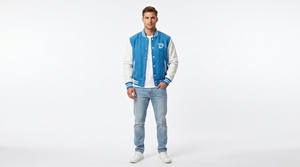 Chaqueta Varsity Azul para Hombre, Mangas Blancas, Logotipo Bordado, Cierre de Botones Delanteros, Estilo Preppy, Ropa de Abrigo para Otoño - Product Image 3