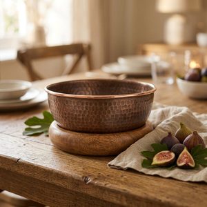Handmade 24 cm Copper Decor Bowl with Antique Bansi <b>Wood</b> Detail Dual Material for Home Decor and Hotel Use - Product Image 2
