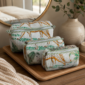 Elegant Jungle Print 3 Piece Cosmetic Pouch Set <b>Quilted</b> Cotton <b>Makeup</b> <b>Bags</b> for Women Travel Vanity Toiletry Storage Organizer - Product Image 2