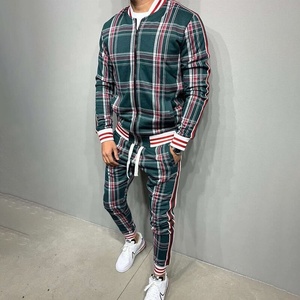 New Fashion Men's Check Print Sublimated Bomber <b>Jacket</b> Tracksuit Zip Enclosure Ribbed Hem & Cuffs Stripe Zipper Sweat Suit - Product Image 4