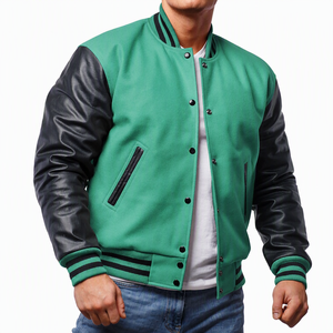 Veste de sport verte pour homme avec manches en cuir PU, vêtement d'extérieur décontracté pour l'automne, coupe classique, col rabattu, fermeture à boutons - Product Image 1