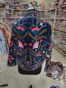 Women's O-Neck Full Sleeve Breathable <b>Velvet</b> <b>Jacket</b> Hand Drawn Printed Floral & Stripe Pattern Cotton Lining Autumn Prairie Chic - Product Image 6