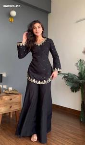 Nuevo conjunto de sharara y dupatta de seda romana con bordado y lentejuelas de 5 mm, color negro, proveedor de la India, moda femenina. - Product Image 4