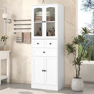 Mobiletto Alto in MDF per Bagno con Quattro Ante e Cassetti, Ripiano Regolabile per Vanità da Bagno - Product Image 1