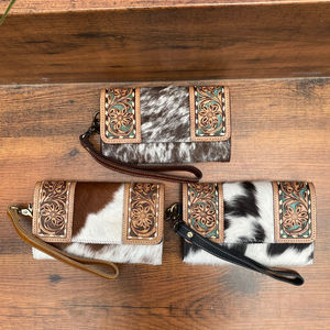 Cartera de cuero mecanizada a mano para mujer, superventas, diseño Floral, piel de vaca con pelo, tarjeta de crédito, embrague multiusos diario, 2025 - Product Image 4