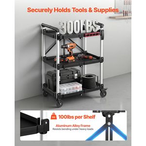 Carrito de Servicio Plegable de 3 Niveles, Resistente, Capacidad de 300 Libras, Ruedas Giratorias de 360° con 2 Frenos, para Limpieza - Product Image 3