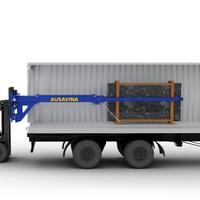 Solutions de manutention de dalles en pierre Ausavina : Chargeur de dalles à flèche pour chariot élévateur simplifie le déchargement de gros paquets de dalles jusqu'à 5 tonnes