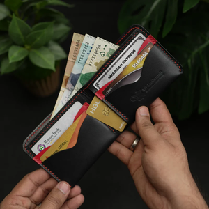 กระเป๋าสตางค์หนังแท้พรีเมียมสีดำแดง หนังฟูลเกรน วีแกนแทน ทำมือ ทรงบาง ทนทาน คลาสสิก - Product Image 1