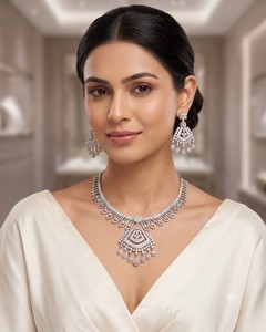 Ensemble collier et boucles d'oreilles élégants en zircon cubique vert menthe, style Art Déco, bijoux de mariée indiens, pour femmes, idéal pour les soirées. - Product Image 3