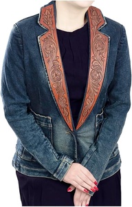 Western Leather Jacket Western Sport Jacket Women Sport <b>Blazer</b> Womens Leather Jacket Women Denim Coat with Hand Tooling Carving - Product Image 4
