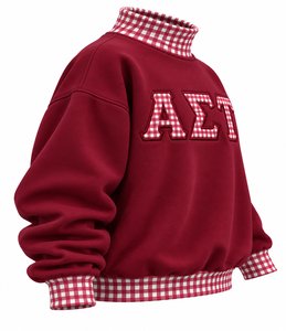 เสื้อสเวตเชิ้ตผู้หญิง Alpha Sigma Tau สีแดงเลือดหมู ผ้าฟลีซโพลีเอสเตอร์ คอตั้ง สีแดงขาวล้วน แบบสวม ทรงฤดูใบไม้ร่วง - Product Image 3