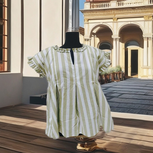 Tunique décontractée ample en coton à manches courtes, col rond, rayée, tricotée, écologique, longueur au sol, pour femme – Collection été 2026 – Nouveauté promotionnelle - Product Image 2