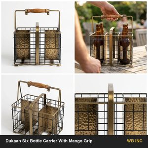 Panier en fil de fer fait main de 27 cm, noir, laiton antique, bois avec poignée de transport, porte-bouteilles Dukaan pour 6 bouteilles, décoration d'intérieur - Product Image 6