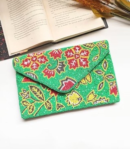 Export Quality Emerald Yellow Leaf & Botanical <b>Green</b> Floral Beaded Messenger Bag for Women and Girls Red Flower Embroidered Bags - Product Image 1