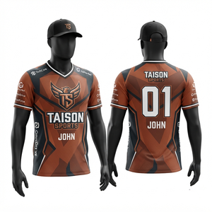Maillot d'e-sport pour homme 180 GSM en polyester premium effet œil-de-perdrix marron et noir avec empiècements latéraux géométriques, logo personnalisé par sublimation, tenue d'équipe - Product Image 1