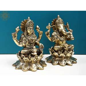ประติมากรรมทองเหลืองขนาด4นิ้วทำด้วยมือสัญลักษณ์อินเดียแบบดั้งเดิมลักษมีพระพิฆเนศนั่งอยู่บนดอกบัว - Product Image 2