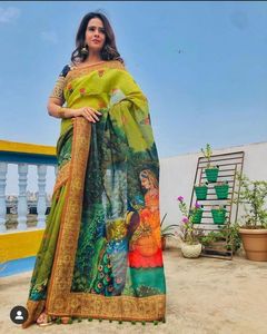 Sari en lin indien imprimé numériquement, style Kalamkari, avec des pompons fantaisie pour les mariages et les fêtes - Product Image 1