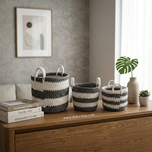 Ensemble de 3 paniers de rangement en tissu écologiques, motif rayé coloré, design tissé pour la décoration de la maison, rangement multifonctionnel pour vêtements - Product Image 5