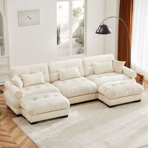 Divano Modulare a U Moderno a 3 Posti con Due Pouf Mobili, Cuscini Lombari e Cuscini Decorativi per Soggiorno - Product Image 1