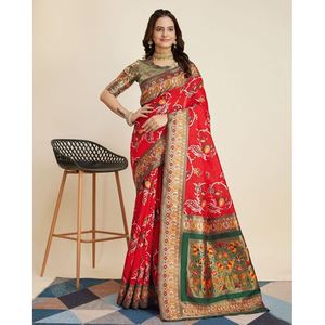 DESIGNER KANJIVARAM SILK JACQUARD WORK SAREE WITH UNSTITCHED <b>BLOUSE</b> <b>RED</b> - Product Image 1