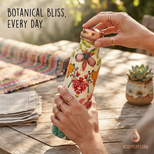 Handmade Copper Water Bottle with Colorful <b>Botanical</b> Leaf <b>Print</b>, Leakproof Screw Cap, Ayurvedic Drinking Flask for Office Gift - Product Image 2