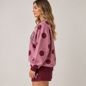 Conjunto Deportivo Casual Personalizado de 2 Piezas para Mujer, con Cuello Redondo y Estampado de Puntos Grandes en Color Rosa Polvoriento - Product Image 3