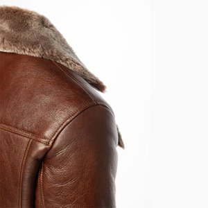Veste d'hiver en cuir véritable pour homme avec doublure en fourrure, col rabattable, style motard, coupe régulière, coupe-vent - Product Image 3