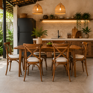Chaise de salle à manger en teck massif style toscan, dossier croisé, qualité supérieure, assise rembourrée en cuir PU, mobilier de maison et d'hôtel - Product Image 5