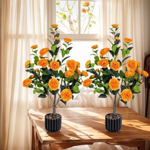 Paquete de 2 Árboles de Camelia Artificial Naranja de 36 Pulgadas, Planta Artificial en Maceta para Interiores y Exteriores, Flores Naranjas, Planta de Camelia Artificial en Maceta - Product Image 1