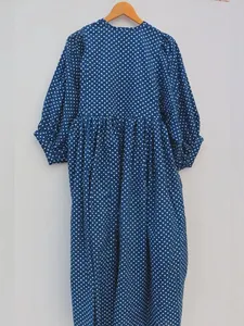 Robe maxi bleue à pois pour femmes, coupe ample, col en V, manches bouffantes, robe décontractée, tissu tissé 100% coton respirant - Product Image 3