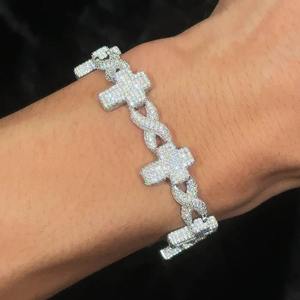 Stunning Designer Cross Shape <b>Infinity</b> Silver Plated Sterling Silver Design with Round Moissanite Cuban Link <b>Bracelet</b> - Product Image 2