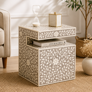 Table de chevet bohème en résine avec incrustation d'os et étagère, table d'appoint luxueuse au design floral, table d'appoint de designer, meuble d'appoint haut de gamme - Product Image 3