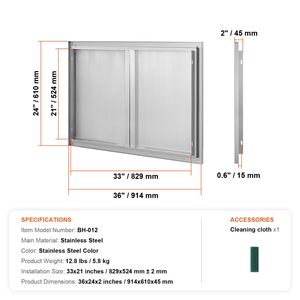 Doppia Porta da Esterno in Acciaio Inossidabile per Cucina, 36W x 24H Pollici, per Accesso BBQ, Montaggio a Filo Muro, Verticale, Incasso, con Vano Portaoggetti - Product Image 5