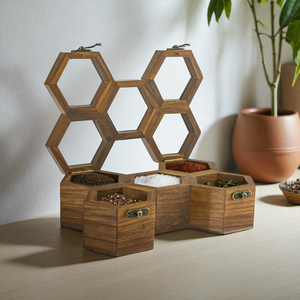 Boîte à épices artisanale en bois à 5 compartiments en nid d'abeille avec cuillères, organisateur de rangement de cuisine - Product Image 5
