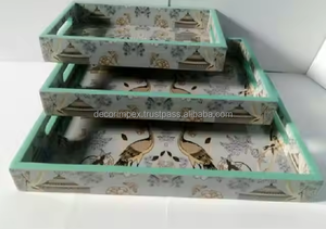 Bandejas Rectangulares Modernas de Madera con Estampado Floral y de Aves, Hechas a Medida, en 3 Tamaños Apilables para Decoración del Hogar - Product Image 3