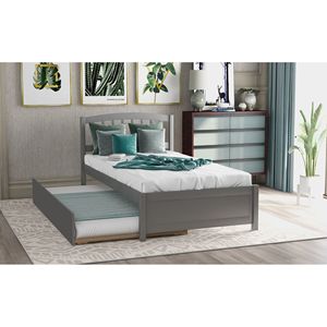 Letto a piattaforma in legno per una persona con letto estraibile, colore grigio - Product Image 1