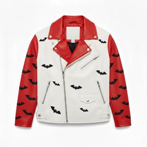 Chaqueta de Cuero Roja y Blanca Personalizada para Hombre, Estilo Motero, con Parche Bordado de Gato Vampiro y Murciélago, Ropa Urbana, Chaqueta de Moto, Venta al Por Mayor - Product Image 6