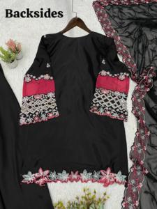 Ensemble prêt-à-porter entièrement cousu en soie crêpe avec broderie de créateur, travail de sequins et découpe, comprenant un haut, un pantalon palazzo et un dupatta. - Product Image 6